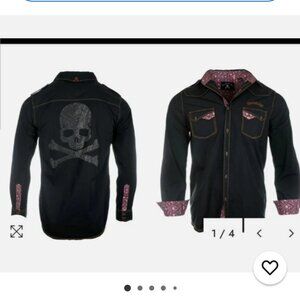 Rock Roll n Soul Men's Button Up SZ X-Large Skull Bones Shirt Embellished Black